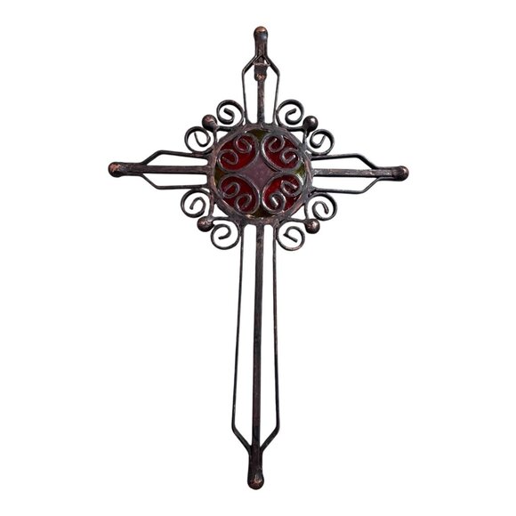 Vintage Ornate Scrolls Cross Red Green Stained Glass Centerpiece 12" Wall Decor - Picture 3 of 6